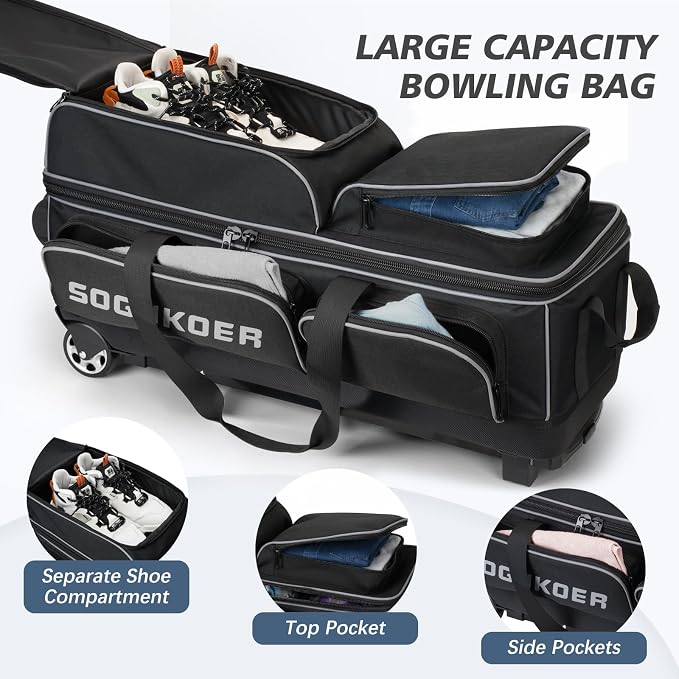 3 Ball Bowling Bags with Wheels, Premium Bowling Bags 3 Ball Roller - 900D Reinforced Oxford, Bowling Ball Bag with Large Separate Shoe Compartment & Accessory Pocket