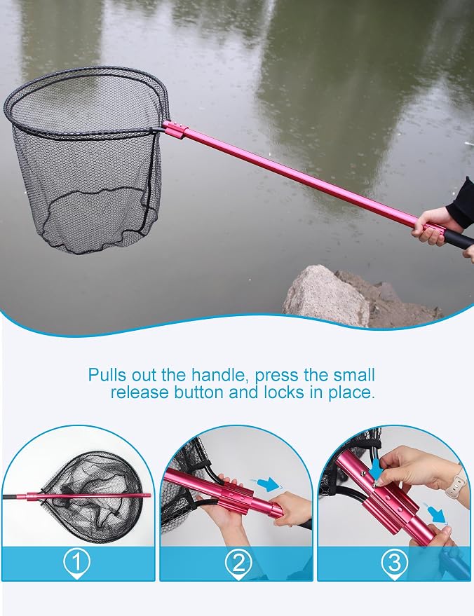 Extra Large Fishing Landing Net - 72"-94" Heavy Duty Telescopic Aluminum Handle, Snag-Free Rubber Mesh for Saltwater Boat, Net Hoop 28x24in, 30in Deep