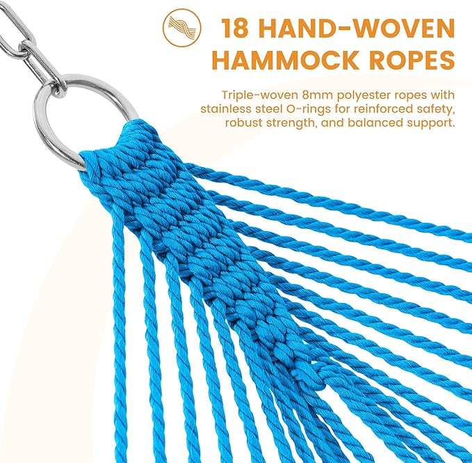 Lazy Daze Hammocks 10.5 FT Double 2 Person Caribbean Rope Hammock, Hand Woven Polyester Hammock with Spreader Bars, for Outside Outdoor Backyard Patio Poolside, 450 LBS Capacity, Blue/SkyBlue