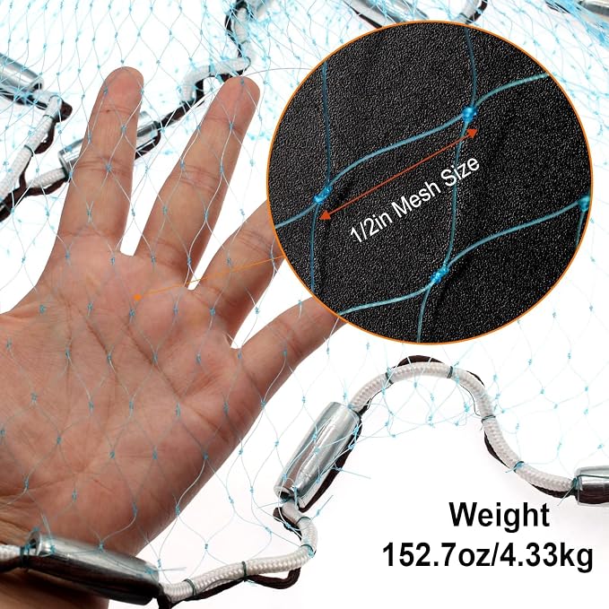 Nylon Monofilament Cast Net, 4FT/6FT/7FT/8FT/9FT/10FT/12FT American Style Hand Throwing Fishing Net with Iron Chain Weights for Saltwater and Freshwater