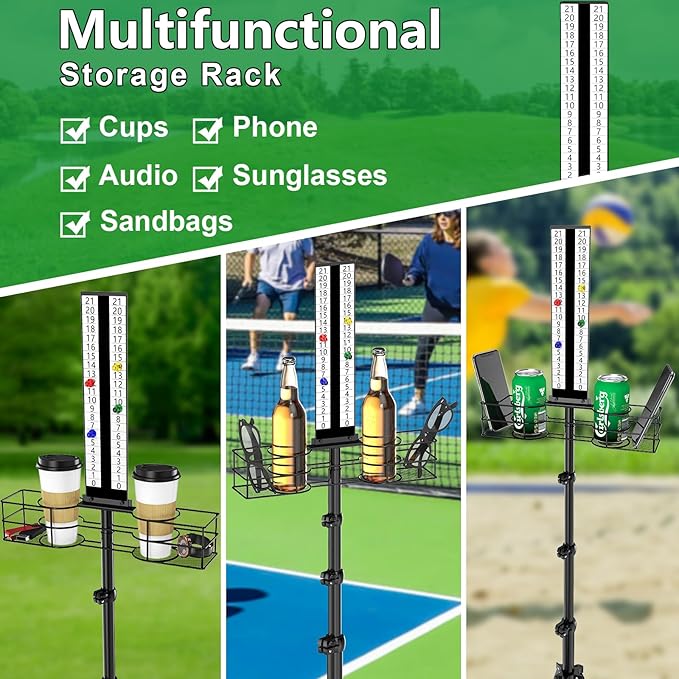 Cornhole Scoreboard with Drink Holder, Height Adjustable Foldable Cornhole Score Keeper with Storage Rack Includes 4 Magnets, 1 Storage Bag, Suitable for Outdoor Yard Games