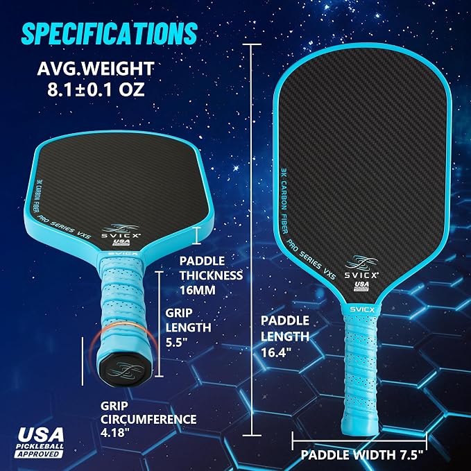 Carbon Fiber Pickleball Paddle 16mm – Professional Pickleball Paddles with Superior Control, Power & Spin – Extended Handle for Two-Handed Grip, USAPA Approved