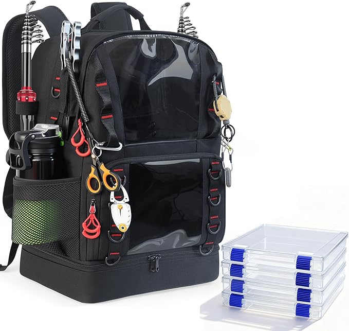 Fishing Tackle Backpack with 4 Tackle Boxes,45L Large Tackle Bag with 2 Rod Holders & Clear Window,Outdoor Fishing Backpack for Fishing,Camping,Hiking,Black