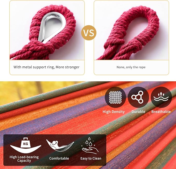 Rainbow Hammock Cotton Hammocks Comfortable Fabric Hammock with Tree Straps for Travel Patio Garden, Hanging Sturdy Hammocks Up to 660lbs Indoor/Outdoor Portable Hamacas with Travel Bag（Rainbow）