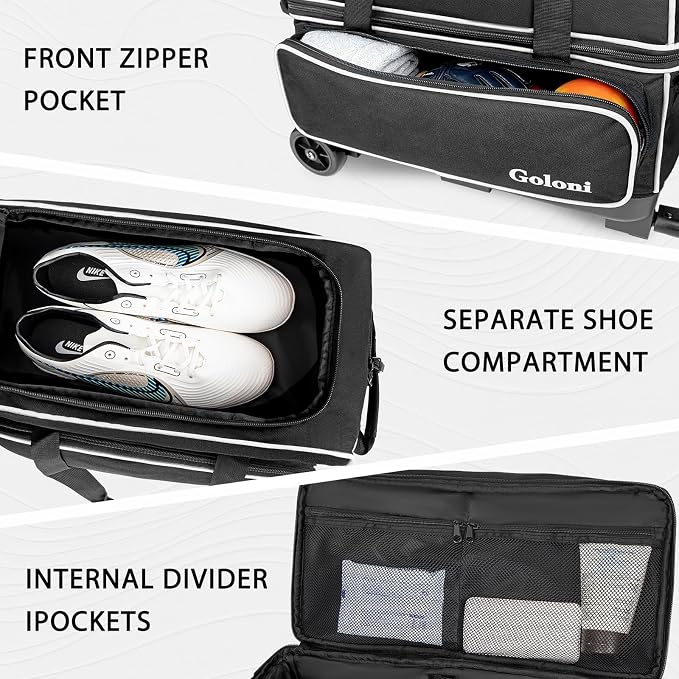Goloni Double Roller 2 Ball Bowling Bag with Separate Shoe Compartment,2 Ball Bowling Bag with Wheels,Retractable Handle Extends to 40"