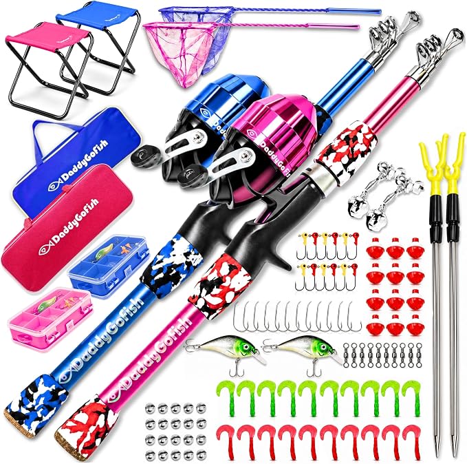 DaddyGoFish Kids Fishing Pole - Rod Reel Combo Tackle Box Starter Set - First Year Small Dock Gear Kit for Boys Girls Toddler Youth Age Beginner Little Children Junior Anglers