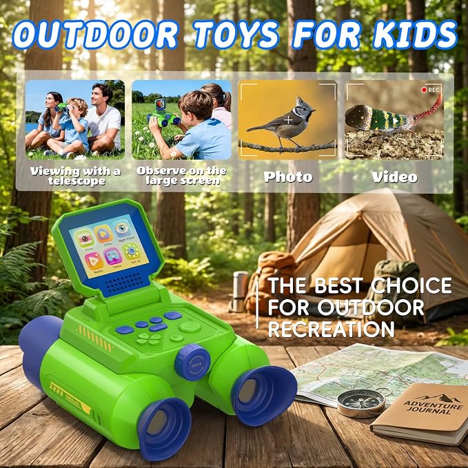 Binoculars for Kids with Night Vision, 2.4" HD Screen & 10X Zoom for Photo and Video - Outdoor Adventure Binoculars Bird Watching, Camping, Hiking, Gifts for Kids Ages 4+ (Green)