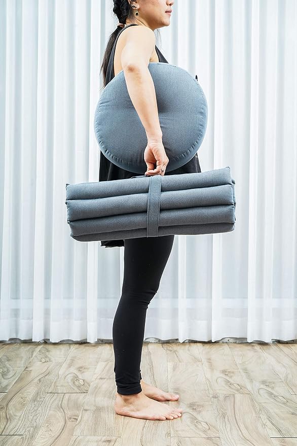 Leewadee Meditation Cushion Set – 1 Small Zafu Yoga Pillow and 1 Small Roll-Up Zabuton Mat Filled with Kapok