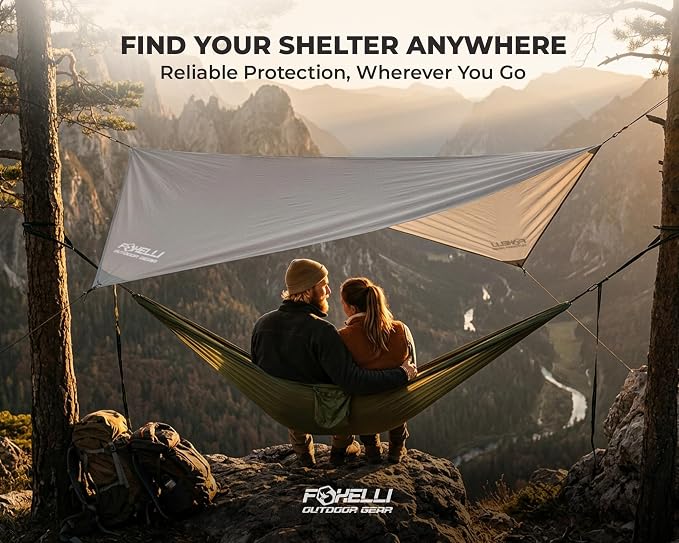 Foxelli Hammock Rain Fly - Waterproof Lightweight Tent & Hammock Rain Tarp for Camping, Backpacking w/Easy Setup Including Extra Long Guy Lines & Stakes