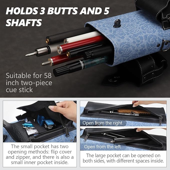 Hard 3x5 Pool Cue Case, 8 Hole Pool Cue Stick Case Billiard Cue Case, Holds Up to 3 Butts and 5 Shafts, Topstitching Design