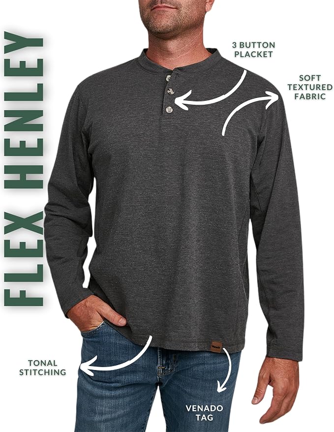 Venado Henley Long Sleeve Shirts for Men - Mens Henley with Flex Material