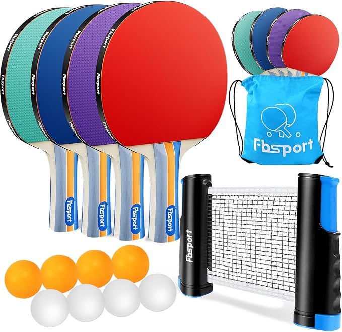 FBSPORT Ping Pong Paddle Set, Table Tennis Set with 4 Rackets and 8 Balls, Retractable Net with Storage Bag - Pingpong Paddle Accessories for Indoor/Outdoor Games