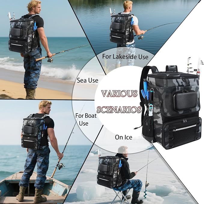 Fishing Backpack with Rod Holder, Large 50L Tackle Bag Water Resistant Tackle Backpack Heavy Duty Fishing Bag Gift for Men Woman