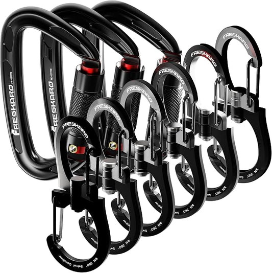 FresKaro 3pcs 25kN Twist Locking Climbing Carabiners and 5pcs 1kN 360 Degree Swivel Carabiner Clips