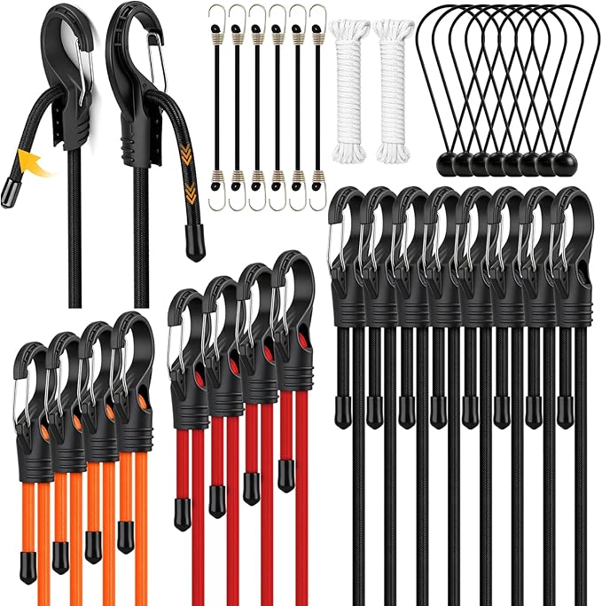 32-Piece Adjustable Bungee Cords with Hooks, 24" 32" 48" Carabiner Bungee Cords Heavy Duty Outdoor, 10" Mini Cord Straps, 8" Canopy Tarp Ball Ties, 157" Shock Cord with Storage Bag