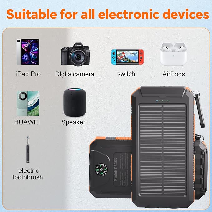 Power Bank 2 Pack, Portable Wireless Charger +Solar Battery Pack with 4 Built-in Cables & 4 Foldable Panels for Outdoor Camping