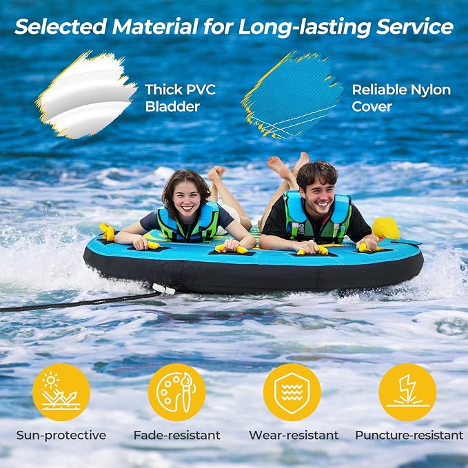 GYMAX Towable Tube for Boating, 2/3 Riders Inflatable Boat Tube for Water Sports to Pull with Padded Grip, Dual Tow Points, Full 900D Nylon Cover & Drainage System for River, Lake, Sea