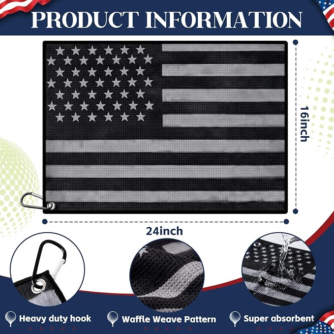 Batiyeer 3 Pack American Flag Caddy Golf Towels Summer Gifts Large 4th of July Caddy Towel for Bags 16 x 24 Inch Microfiber Waffle Pattern with Carabiner Clip Ultra-Absorbent Golfing Gear for Men