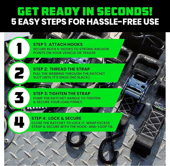 RHINO USA Ratchet Straps Tie Down Kit, 5,000 Break Strength - Includes Heavy Duty Rachet Tiedowns with Padded Handles & Coated Chromoly S Hooks + Soft Loop Tie-Downs