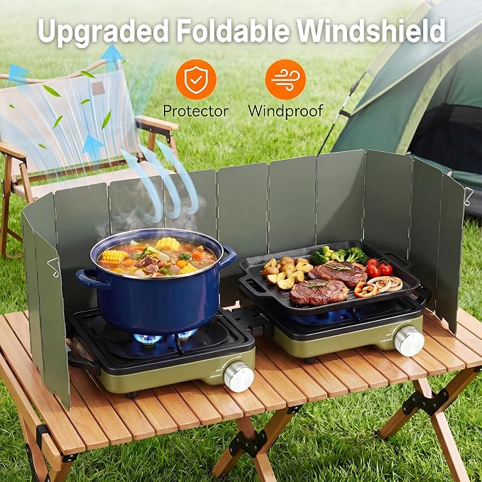 2-Burner Portable Propane Camping Stove with Windshield, 30000 BTU Foldable Gas Stove with Independently Adjustable Heat Coffee Stand & Carry Bag, Gas Stove for Cooking, Tailgating (Green)
