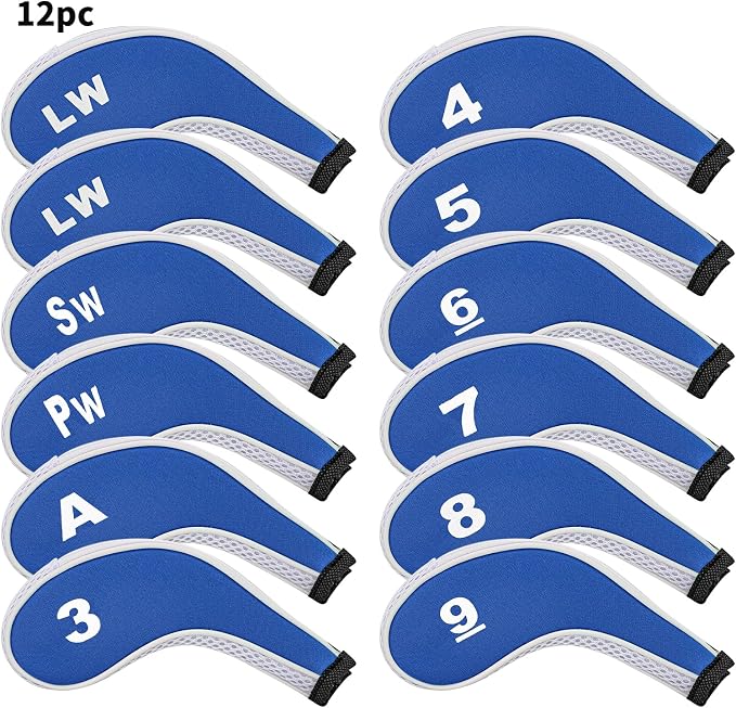 Golf Club 12pcs Thick Synthetic Zipper Long Neck Set Headcover Fit The Most Brands, Side Number Golf Iron Club Head Cover LW SW PW Covers #3,4,5,6,7,8,9