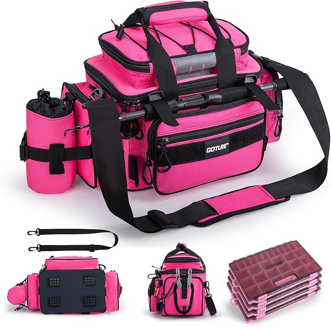 Goture Fishing Tackle Bag with 4 Tackle Boxes, Soft Side 600D Water-Resistant Cross Body Sling Fishing Bag with Rod Holder, Small Saltwater Gear Storage Tactical Bags, Gifts for Men/Women