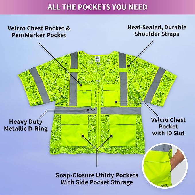 Lace-Mesh Safety Vest for Women & Men - Breathable, High Visibility Vest with Zipper & ANSI Class 2 Reflective Strips