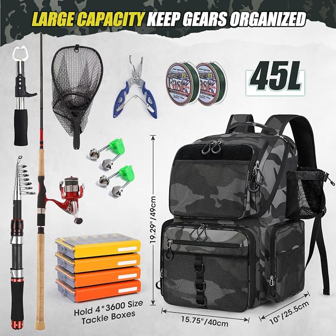RAINSMORE 45L Fishing Backpack with Rod Holders & Rain Cover Large 900D Water-resistant Fishing Tackle Bag Store Fishing Gear