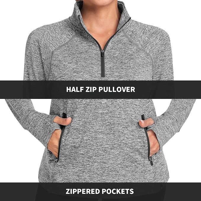 Soneven Women's Thermal Fleece Running Shirts Warm Winter Pullover Cold Weather Workout Hiking Tops with Thumb Holes Pockets