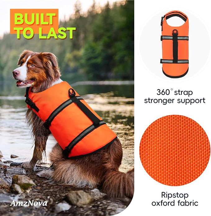 AMZNOVA Shark Dog Life Jacket + Rip Stop Dog Life Jacket, Durable Handle Reflective Buoyance