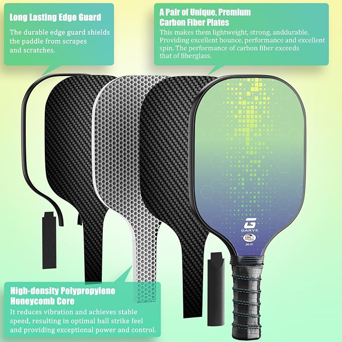 GARYE Pickleball Paddles Set of 2 or 4, USAPA Approved Carbon Fiber Pickleball Set, Lightweight Pickle Ball Rackets 2 Pack with 6 Balls, 1 Bag, Pair of Grip Tapes, Pickle Ball Paddle for Men and Women