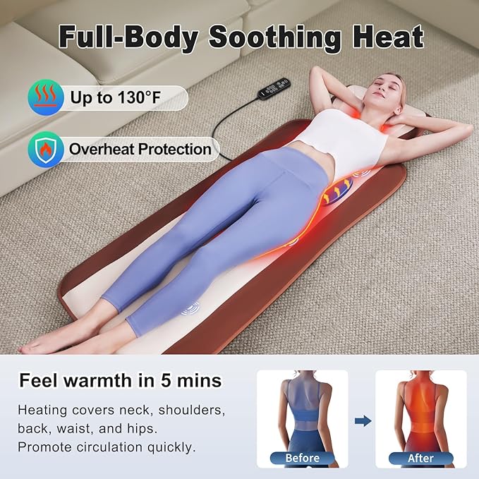 Full Body Massage Mat with 3 Heating Zones, Head & Neck Support Pillow, Soft Foldable Relaxation Pad with Gentle Vibration for Bed, Floor or Couch, Home Use