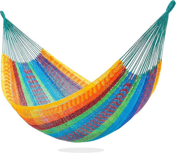 PNAEUT Handwoven Mayan Hammocks for Outside, Handwoven Thick Soft Rope Double Hammocks for Outdoor Indoor, Max 600 lbs Capacity, Tree Straps, Carabiners & Carrying Bag Included (Tropical, X-Large)