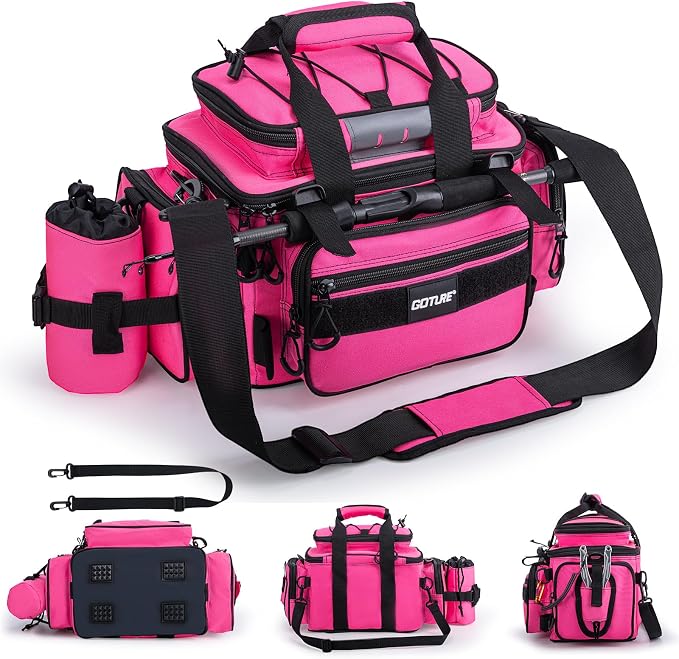 Goture Fishing Tackle Bag, 600D Water-Resistant Soft Side Crossbody Sling Bag with Rod Holder,Small Gear Storage Tactical Bags for Saltwater & Freshwater,Fits 4 3600 Tackle Boxes (Not Included)