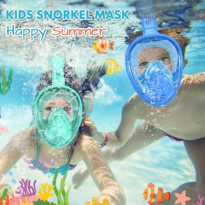 Kids Snorkel Mask Full Face, Snorkeling Gear for Kids with Camera Mount, 180 Degree Panoramic View Snorkeling Set Anti-Fog Anti-Leak