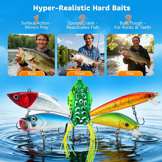 3-Layer Fishing Tackle Box with Tackle Included, 314Pcs Tackle Box Kit with Lures, 5 Tools Pliers, Scale, Lip Gripper, Hook Remover, Lanyard, Gear for Bass, Trout, Pike, Gift for Men
