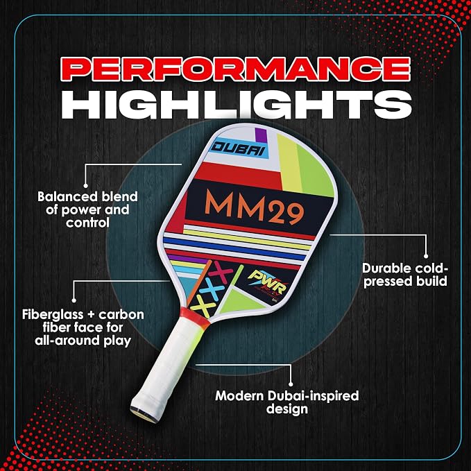 Pickle Ball Paddle MM29 – 50% Fiberglass + 50% Carbon Fiber Face, Gritty UV Surface, ColdPressed PP Honeycomb Core, 16mm Control Build | Premium Pickleball Racket