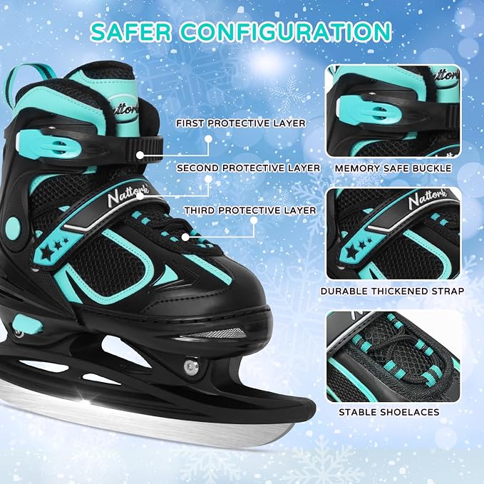 MammyGol Adjustable Ice Skates for Kids Youth Tean Hockey Lace-Up Boys or Girls Ice Skate for Beginner Age 4-12 Blue Black Teal Green