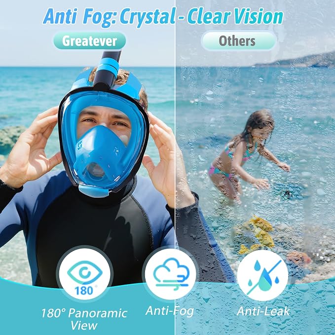 Greatever G2 Adults Kids Full Face Snorkel Mask 2 Pcs,Snorkeling Gear with Latest Dry Top System,Foldable 180 Degree Panoramic View,Safe Breathing,Anti-Leak&Anti-Fog Snorkeling Mask with Camera Mount