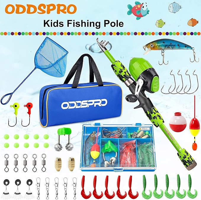 ODDSPRO Kids Fishing Pole - Portable Telescopic Kids Fishing Rod and Reel Combo Kit - with Spincast Fishing Reel Tackle Box for Girls, Youth