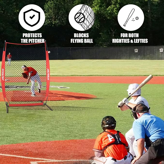 Baseball & Softball Portable Practice Batting Screen, 7-FT I-Screen or L-Screen Pitching Net for Pitcher Protection with Carry Bag and Ground Stakes