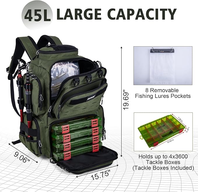 Goture Fishing Backpack with 4 Tackle Boxes,900D Water-Resistant Tackle Backpack with Rod Holders,SBS Zippers,45L Large Tackle Storage Gear Bag with Rain Cover,Bottle Holder for Travel Camping Hiking