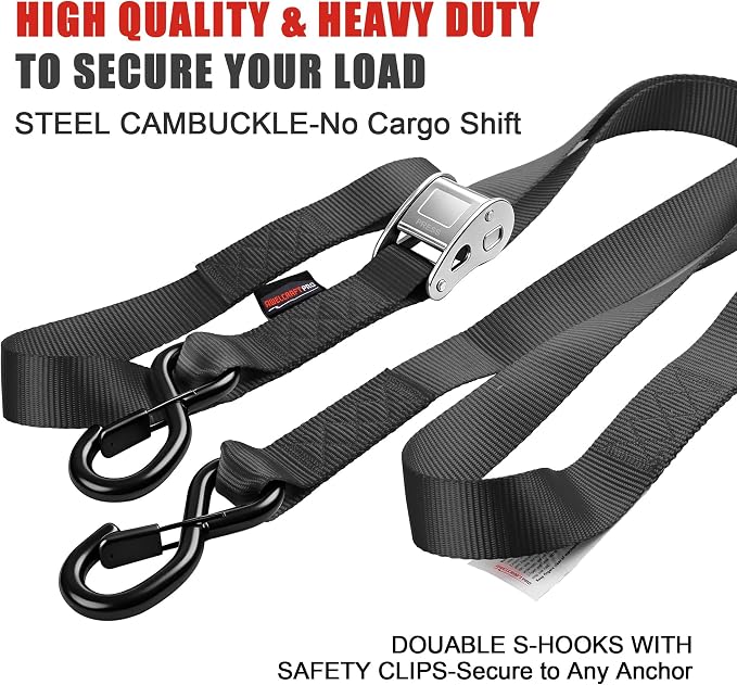 AWELCRAFT Motorcycle Tie Down Straps (2 Pack),3300lb Break Strength,1.5in x 8FT Steel Cambuckle Dirtbike Strap,Integrated Soft Loops & Double S-Hooks with Safety Clips,Lab Tested,Black