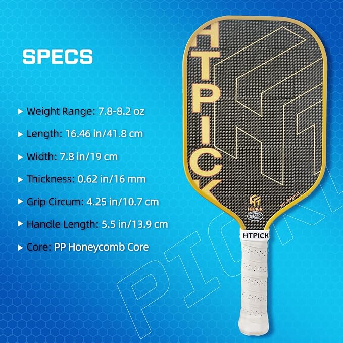 Pickleball Paddles, Carbon Fiber Pickleball Paddle High Grit & Spin with PP Honeycomb Core 16mm Thickness and Thermoformed Elongated Shape, Increased Power for Ultimate Spin & Consistency