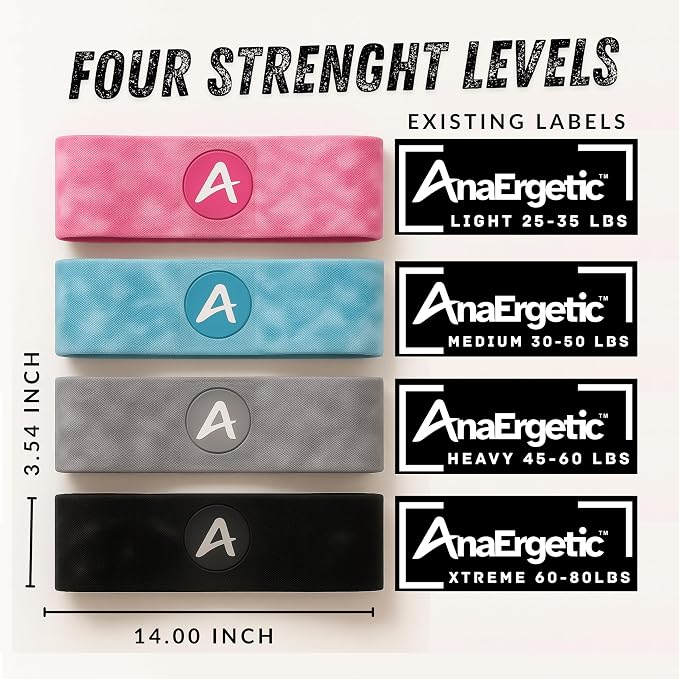 Buy More Discount AnaErgetic Premium Resistance Bands, Exercise Workout Bands for Women and Men, Pilates Yoga Flexbands, 4 Sets of Stretch Bands for Booty Legs, Durable Fabric, Home Workout