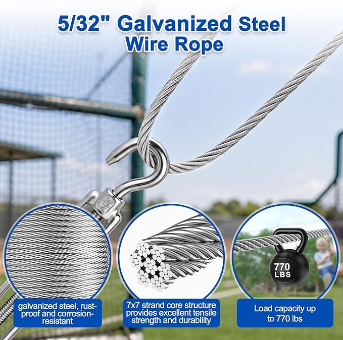 20FT Batting Cage Cable & 21 Pulleys & 21 Spring Hooks Kit, Heavy Duty Retractable Batting Cage Netting Net Wire Tension Hanging Kit, Batting Cage Frame for Indoor & Backyard, DIY Baseball