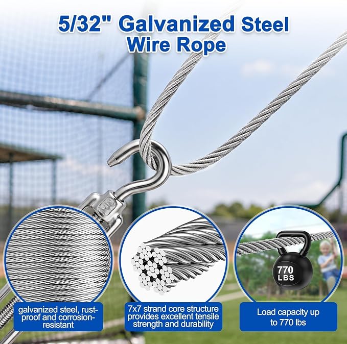 Batting Cage Cable Kit for 10/20/35/55/70FT, Heavy Duty Retractable Batting Cage Netting Net Wire Tension Hanging Kit, Batting Cage Frame for Backyard, DIY Baseball & Softball Hitting Tunnels