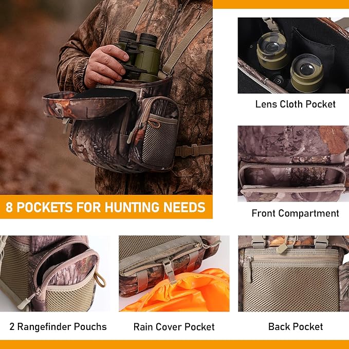 NEW VIEW Silent Hunting Binocular Harness Chest Pack with Rangefinder Pouch & Rain Cover, Stealth Bino Harness for Hunting, Fits Most Binoculars up to 10×56