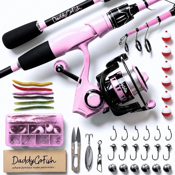 DaddyGoFish Spinning Fishing Rod and Reel Combo Set with Tackle Box | Kids Fishing Pole | Carbon Fiber Telescopic Fishing Rod Kit | Spinning Reel for Travel Saltwater Freshwater Fishing Gear Kit