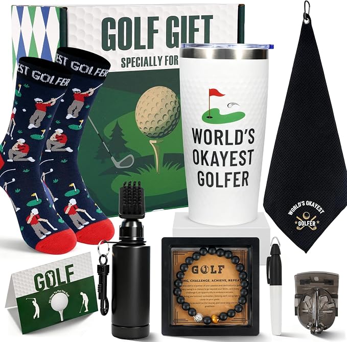 ANOTION Golf Gifts for Men, Dad Gift for Golfers Golf Accessories for Dad Husband Boyfriend Teen, Birthday Golfer Gift Box 20oz Tumbler Club Cleaner Socks Ball Marker Bracelet for Birthday Christmas
